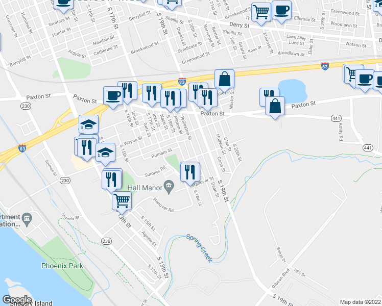 map of restaurants, bars, coffee shops, grocery stores, and more near 1140 Rolleston Street in Harrisburg