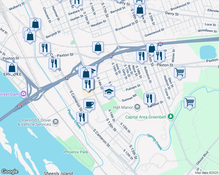map of restaurants, bars, coffee shops, grocery stores, and more near 1420 Sycamore Street in Harrisburg