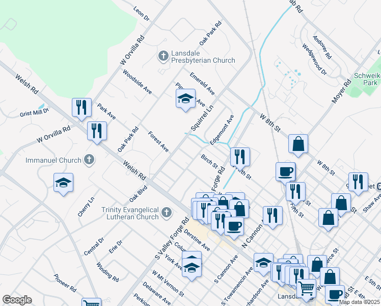 map of restaurants, bars, coffee shops, grocery stores, and more near 1115 Elm Avenue in Lansdale