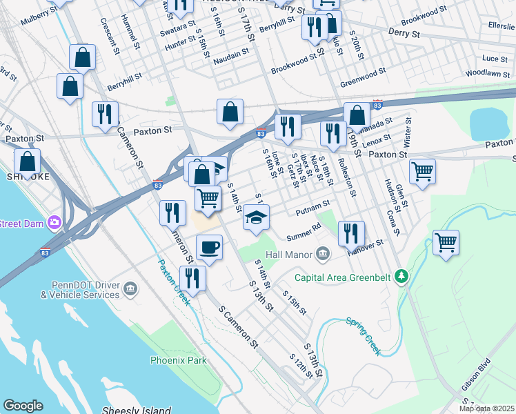 map of restaurants, bars, coffee shops, grocery stores, and more near 1420 Sycamore Street in Harrisburg