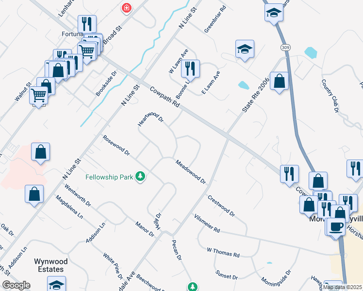 map of restaurants, bars, coffee shops, grocery stores, and more near 108 Heartwood Drive in Lansdale