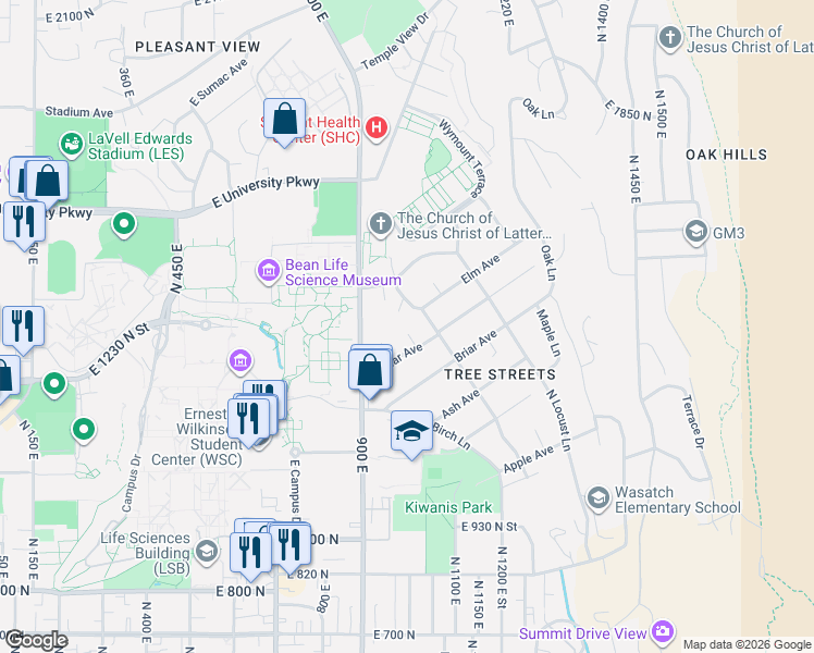 map of restaurants, bars, coffee shops, grocery stores, and more near 1396 Cedar Circle in Provo