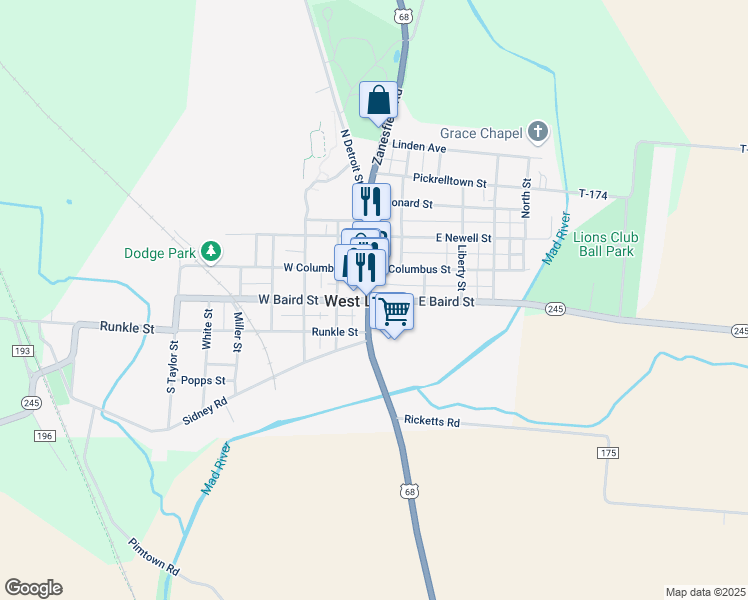 map of restaurants, bars, coffee shops, grocery stores, and more near in West Liberty