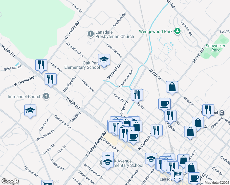 map of restaurants, bars, coffee shops, grocery stores, and more near 1057 Birch Street in Lansdale