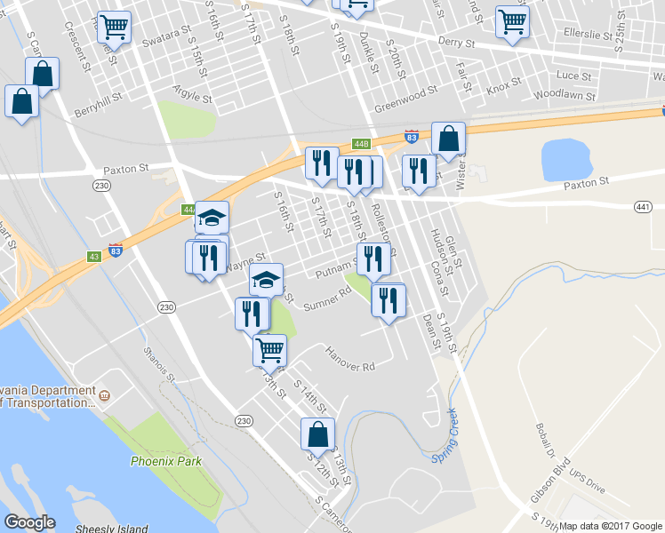 map of restaurants, bars, coffee shops, grocery stores, and more near 1116 South 17th Street in Harrisburg