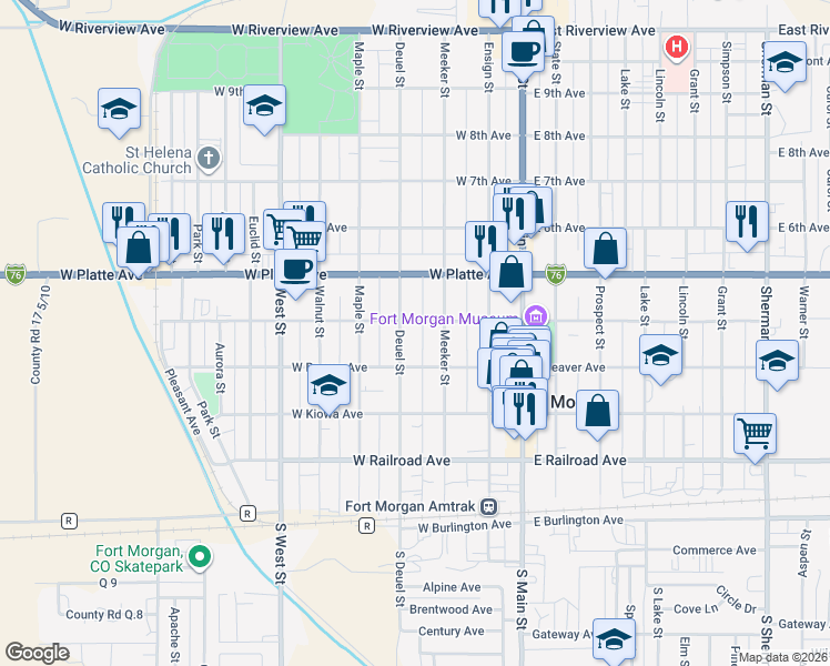 map of restaurants, bars, coffee shops, grocery stores, and more near 430 Deuel Street in Fort Morgan