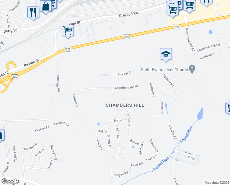map of restaurants, bars, coffee shops, grocery stores, and more near 512 South 60th Street in Harrisburg
