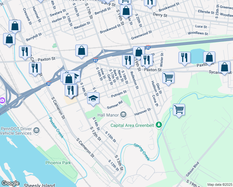 map of restaurants, bars, coffee shops, grocery stores, and more near 1116 South 17th Street in Harrisburg