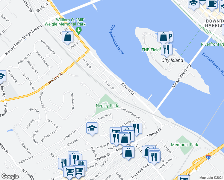 map of restaurants, bars, coffee shops, grocery stores, and more near 128 South 2nd Street in Wormleysburg