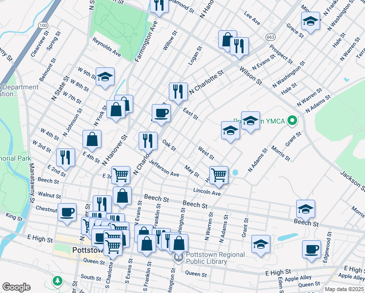 map of restaurants, bars, coffee shops, grocery stores, and more near 464 1/2 North Evans Street in Pottstown