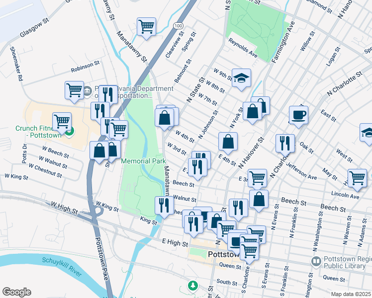 map of restaurants, bars, coffee shops, grocery stores, and more near 313 North Johnson Street in Pottstown