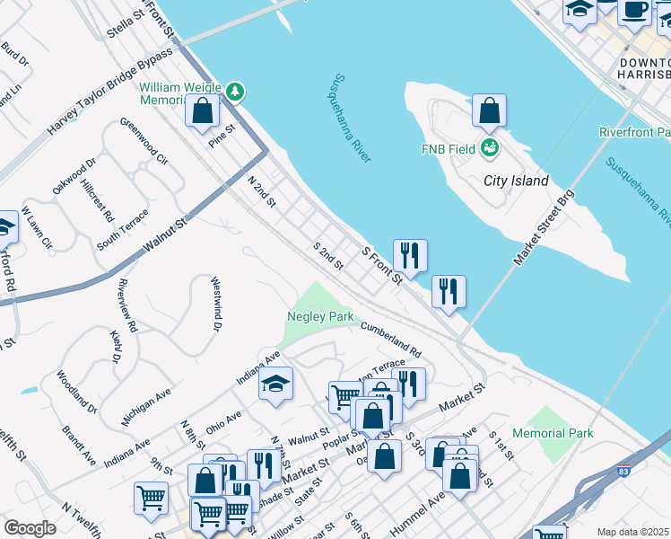 map of restaurants, bars, coffee shops, grocery stores, and more near 128 South 2nd Street in Wormleysburg