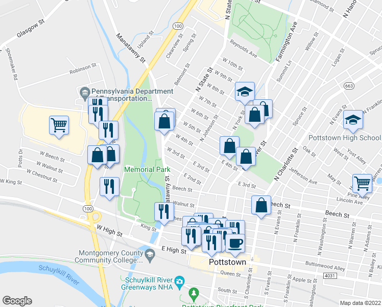 map of restaurants, bars, coffee shops, grocery stores, and more near 309 North Johnson Street in Pottstown