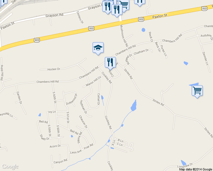 map of restaurants, bars, coffee shops, grocery stores, and more near 585 Cockley Rd in Harrisburg