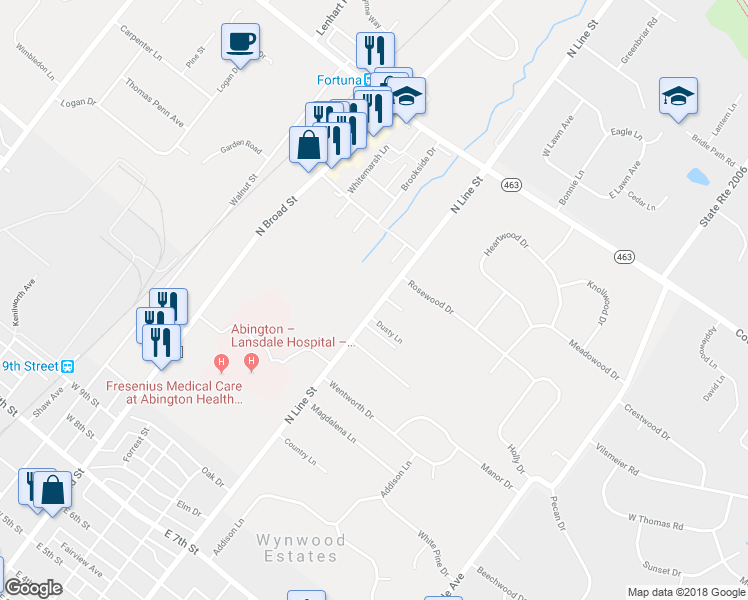 map of restaurants, bars, coffee shops, grocery stores, and more near 1516 North Line Street in Lansdale