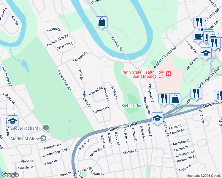 map of restaurants, bars, coffee shops, grocery stores, and more near 496 North 25th Street in Camp Hill
