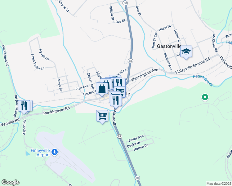 map of restaurants, bars, coffee shops, grocery stores, and more near 3546 Washington Avenue in Finleyville