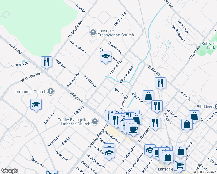 map of restaurants, bars, coffee shops, grocery stores, and more near 1115 Elm Avenue in Lansdale