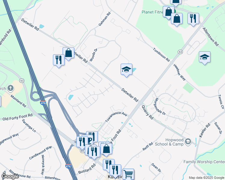 map of restaurants, bars, coffee shops, grocery stores, and more near 25 Chestnut Court East in Harleysville