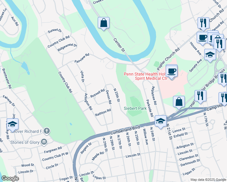 map of restaurants, bars, coffee shops, grocery stores, and more near 496 North 25th Street in Camp Hill