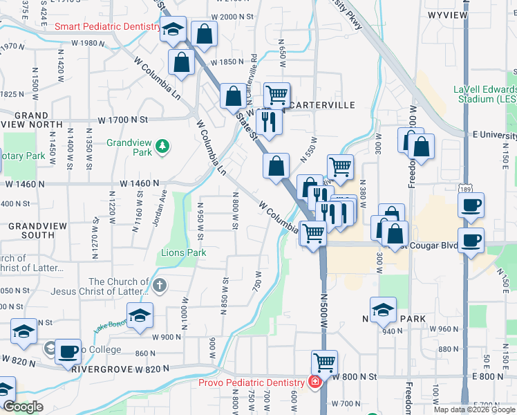 map of restaurants, bars, coffee shops, grocery stores, and more near 731 Columbia Lane in Provo
