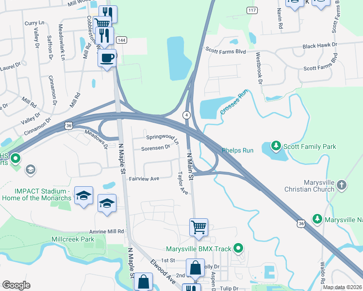 map of restaurants, bars, coffee shops, grocery stores, and more near 260 Springwood Lane in Marysville