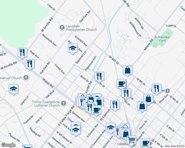 map of restaurants, bars, coffee shops, grocery stores, and more near 1009 Poplar Street in Lansdale