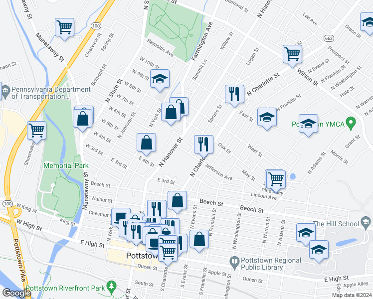 map of restaurants, bars, coffee shops, grocery stores, and more near 217 Jefferson Avenue in Pottstown