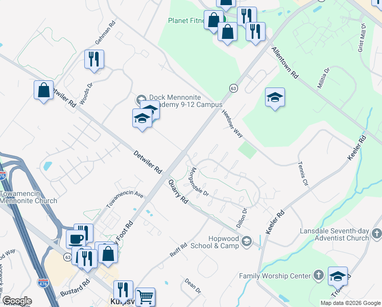 map of restaurants, bars, coffee shops, grocery stores, and more near 121 Clemens Court in Lansdale
