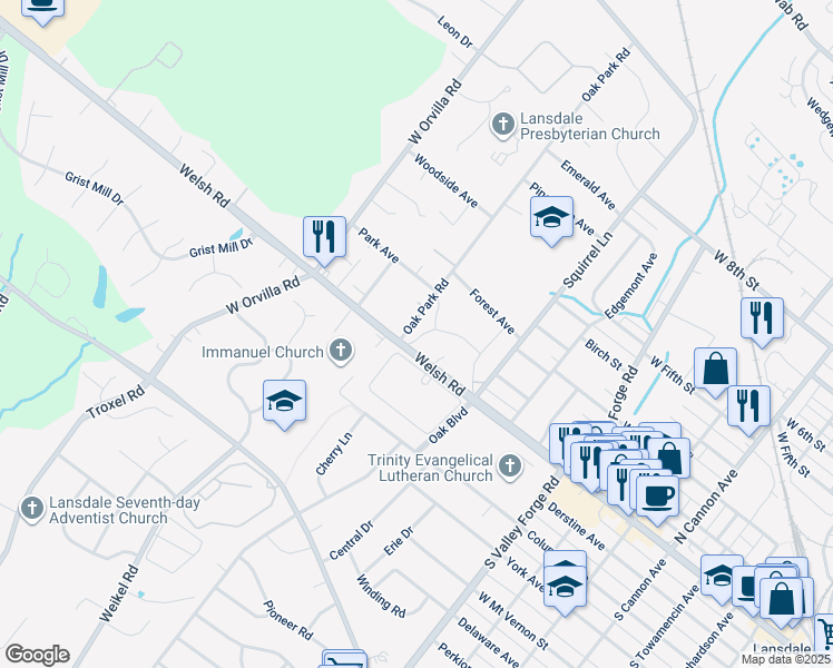 map of restaurants, bars, coffee shops, grocery stores, and more near 20 Park Avenue in Lansdale