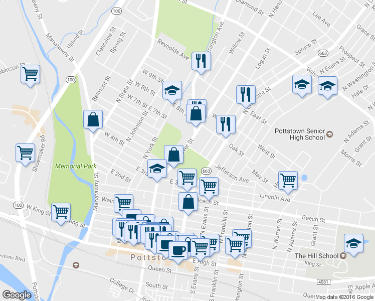 map of restaurants, bars, coffee shops, grocery stores, and more near 346 North Hanover Street in Pottstown