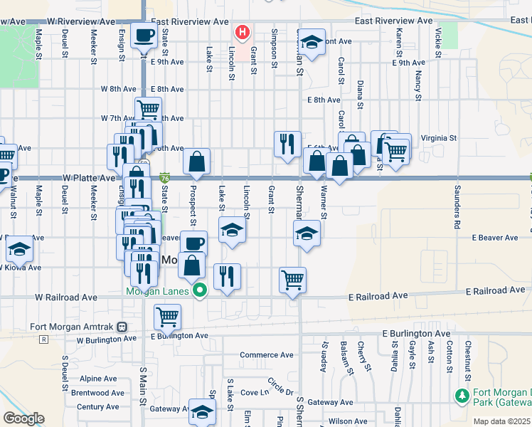 map of restaurants, bars, coffee shops, grocery stores, and more near 429 Grant Street in Fort Morgan