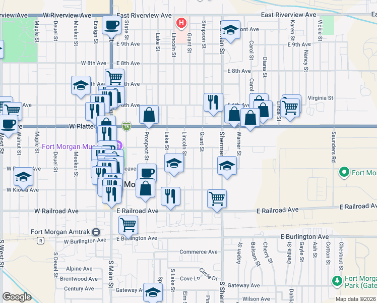 map of restaurants, bars, coffee shops, grocery stores, and more near 431 Lincoln Street in Fort Morgan