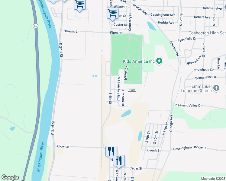 map of restaurants, bars, coffee shops, grocery stores, and more near 1802 South 6th Street in Coshocton