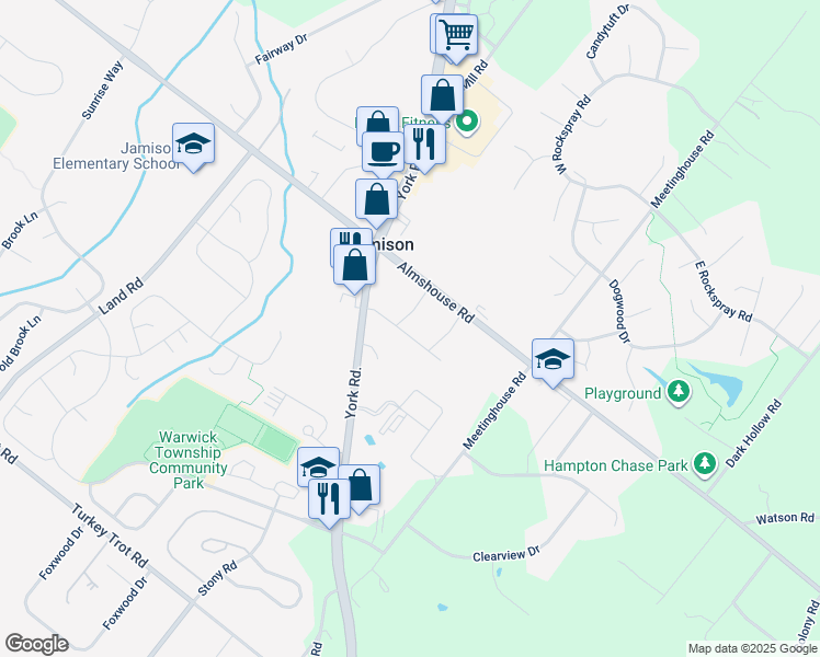 map of restaurants, bars, coffee shops, grocery stores, and more near 2157 Meadowview Drive in Jamison