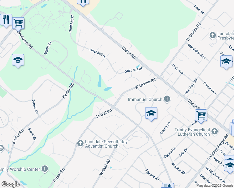 map of restaurants, bars, coffee shops, grocery stores, and more near 350 West Orvilla Road in Lansdale