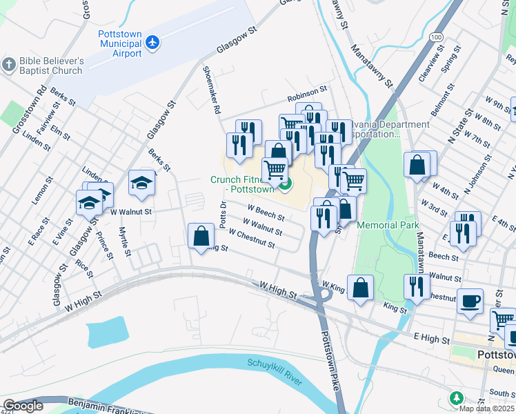 map of restaurants, bars, coffee shops, grocery stores, and more near 339 West Beech Street in Pottstown