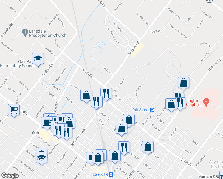 map of restaurants, bars, coffee shops, grocery stores, and more near 513a West 8th Street in Lansdale