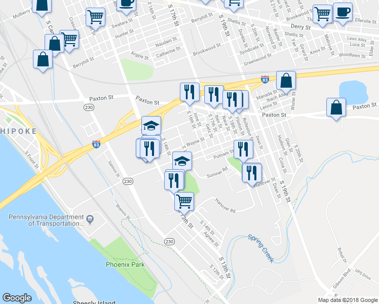 map of restaurants, bars, coffee shops, grocery stores, and more near 1504 Sycamore Street in Harrisburg