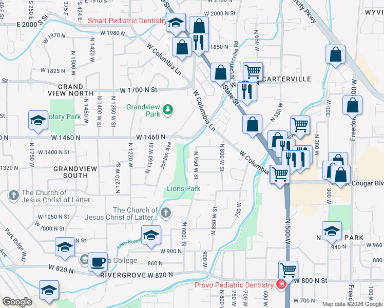 map of restaurants, bars, coffee shops, grocery stores, and more near 1363 North 950 West Street in Provo