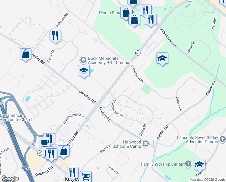 map of restaurants, bars, coffee shops, grocery stores, and more near 121 Clemens Court in Lansdale