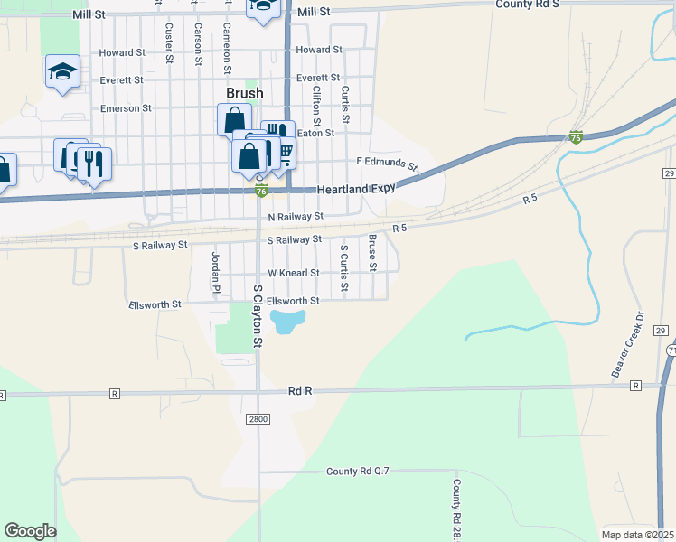 map of restaurants, bars, coffee shops, grocery stores, and more near 127 South Clifton Street in Brush