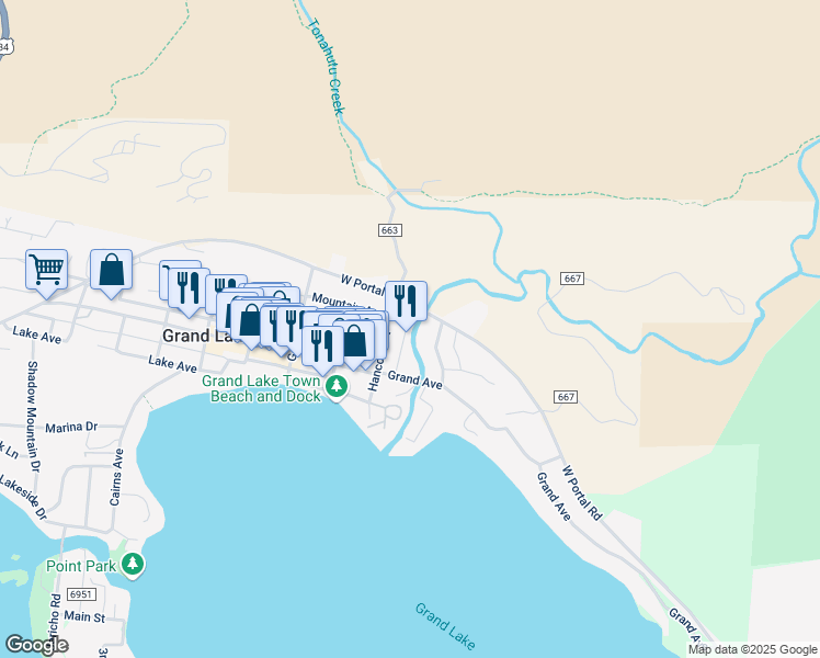 map of restaurants, bars, coffee shops, grocery stores, and more near 217 N Inlet Rd in Grand Lake