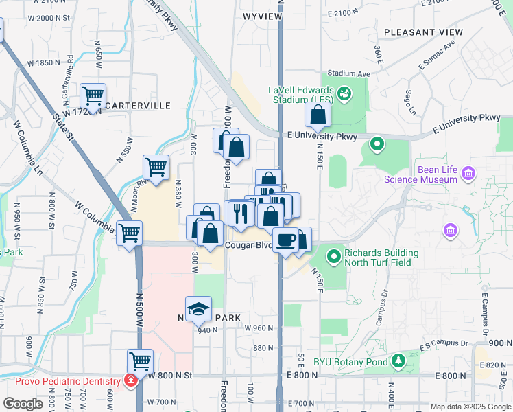 map of restaurants, bars, coffee shops, grocery stores, and more near 108 West 1230 North Street in Provo