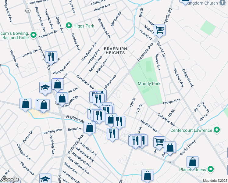map of restaurants, bars, coffee shops, grocery stores, and more near 1451 Parkside Avenue in Ewing Township
