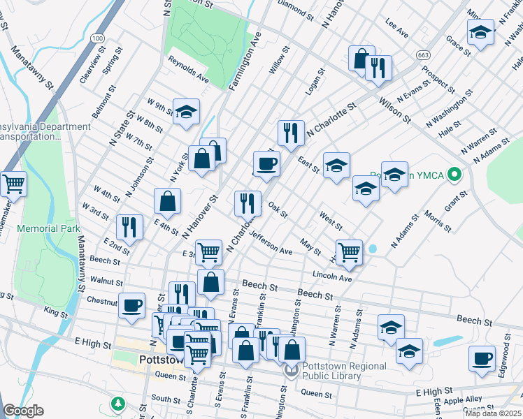 map of restaurants, bars, coffee shops, grocery stores, and more near 394 North Charlotte Street in Pottstown