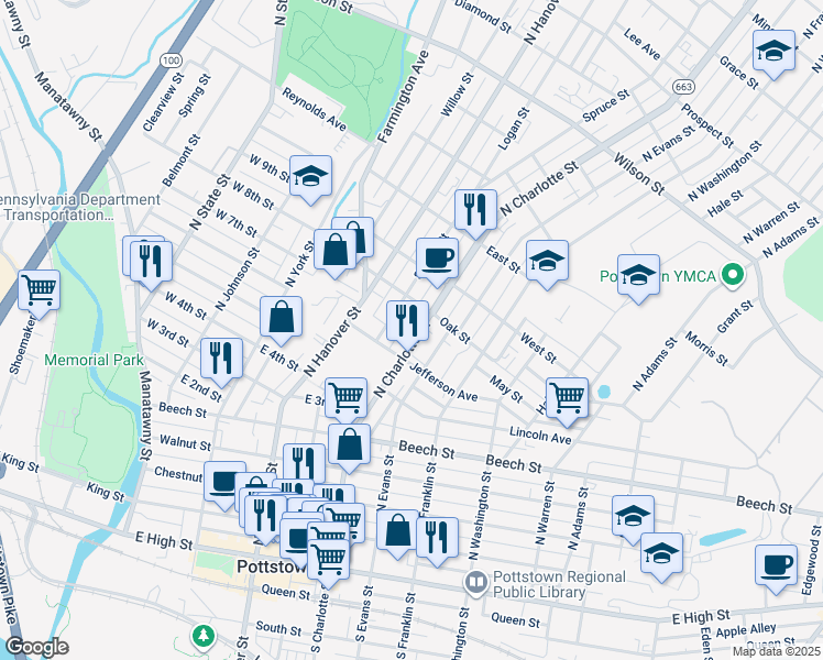 map of restaurants, bars, coffee shops, grocery stores, and more near 376 Spruce Street in Pottstown