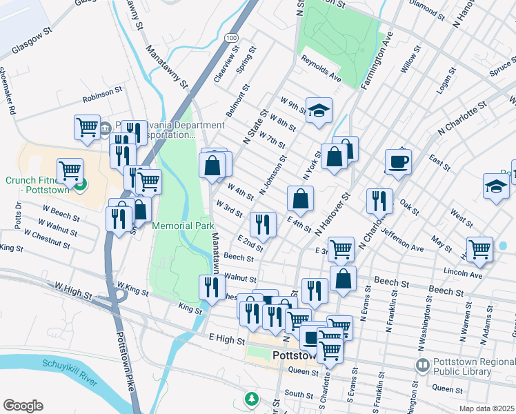 map of restaurants, bars, coffee shops, grocery stores, and more near 313 North Johnson Street in Pottstown