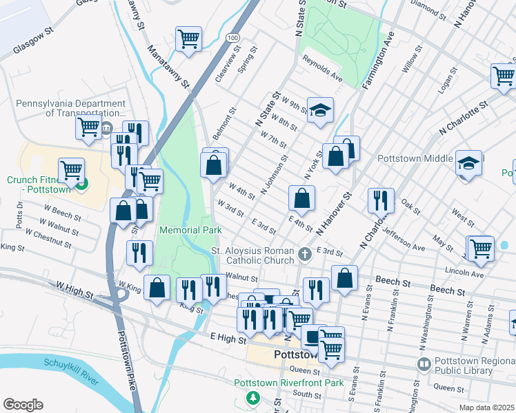 map of restaurants, bars, coffee shops, grocery stores, and more near 313 North Johnson Street in Pottstown
