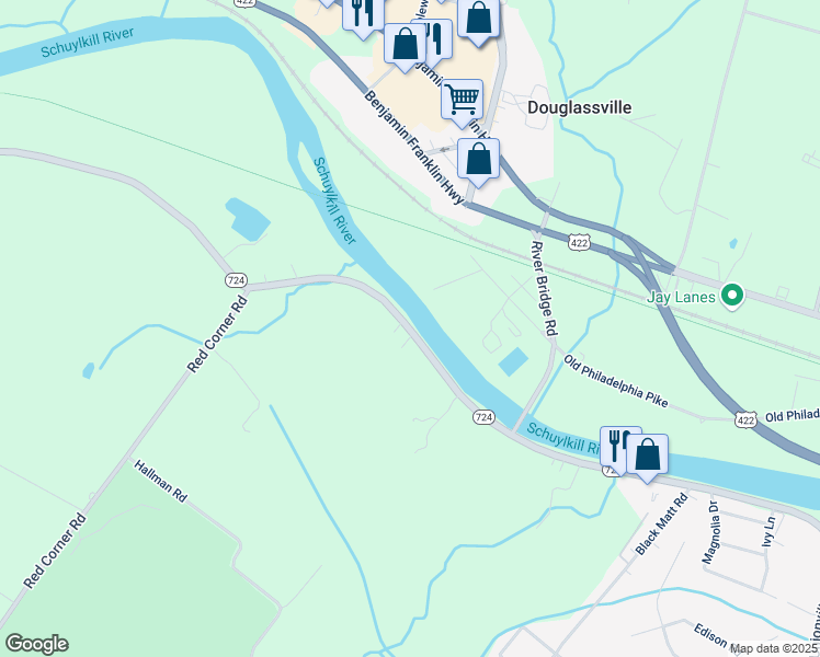 map of restaurants, bars, coffee shops, grocery stores, and more near Pennsylvania 724 in Douglassville